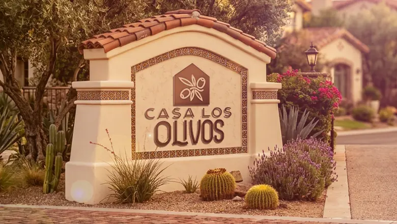 Casa Los Olivos monument entrance sign with tile work