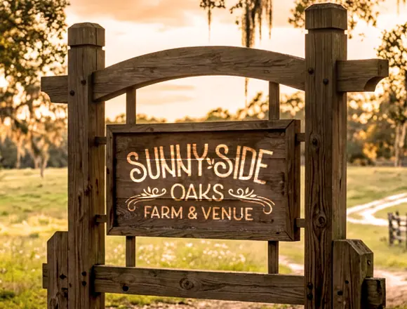 SunnySide Oaks Farm and Venue entrance sign at sunset